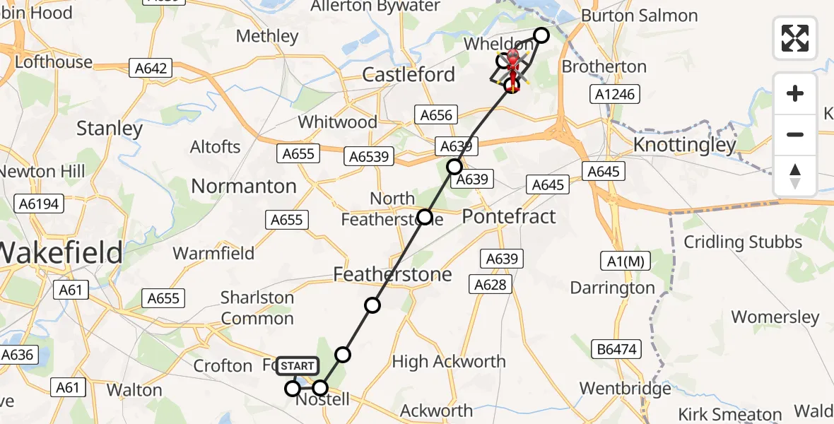Flight path map showing Air Ambulance Helicopter route from YAA Nostell Helicopter Port to Wheldon
