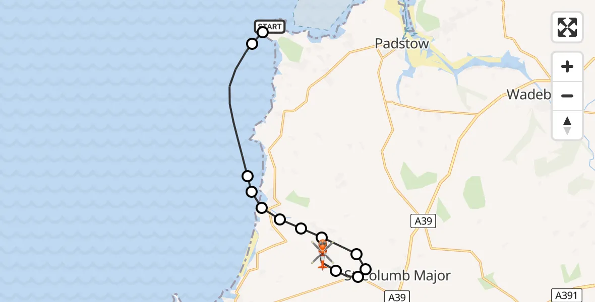 Flight path map showing Coastguard Helicopter route from St. Merryn to Cornwall Airport Newquay