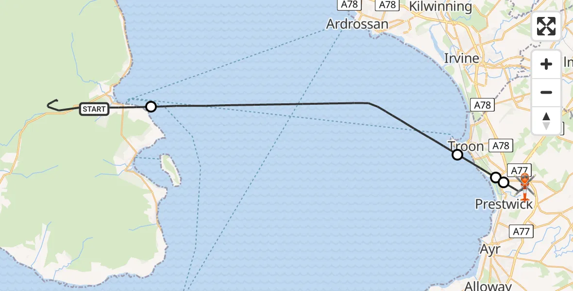 Flight path map showing Coastguard Helicopter route from Brodick to Glasgow Prestwick Airport