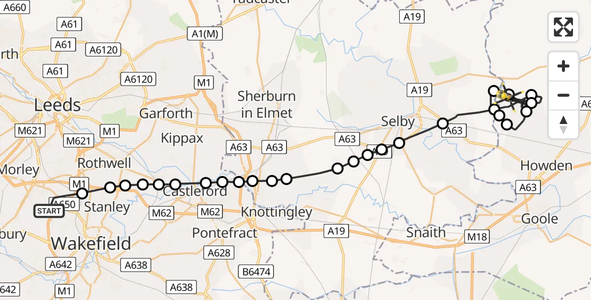 Flight path map showing Police Helicopter route from East Ardsley to Breighton Airfield