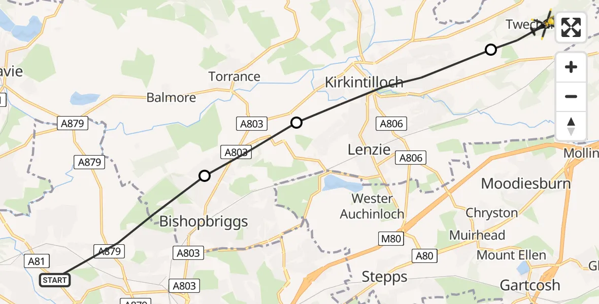 Routekaart van de vlucht: Police Helicopter to Twechar