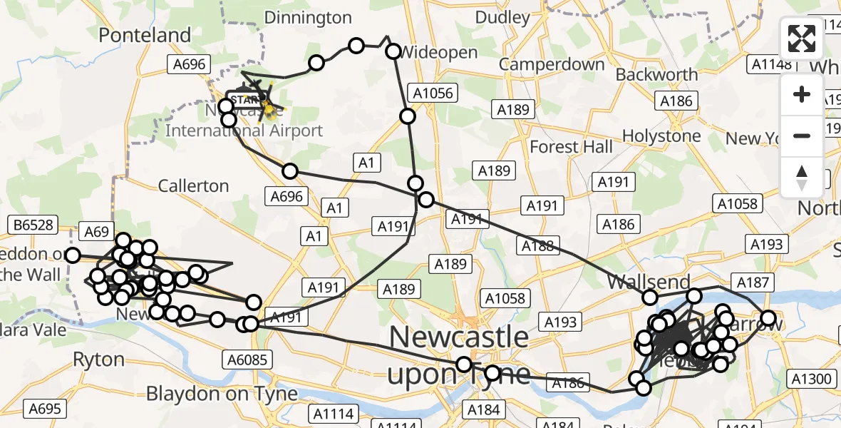 Flight path map showing Police Helicopter route from Newcastle International Airport to Newcastle International Airport