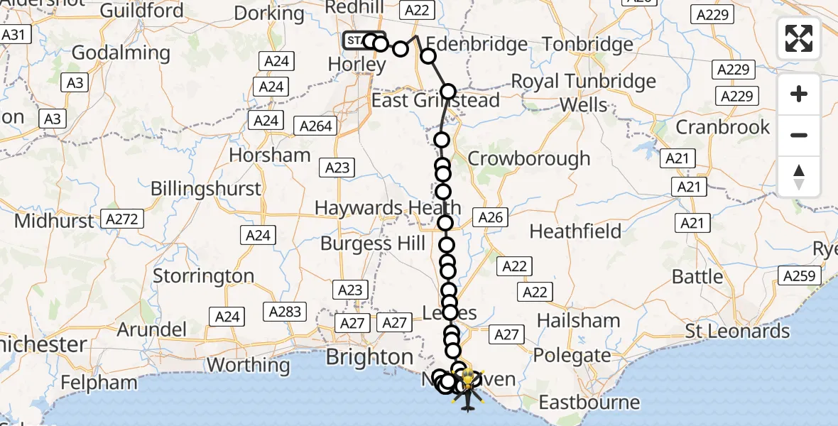 Flight path map showing Police Helicopter route from Salfords to Newhaven
