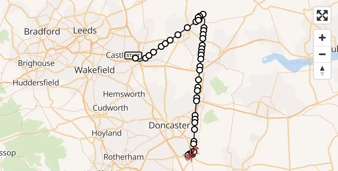 Flight path map showing Air Ambulance Helicopter route from Wheldon to Bawtry