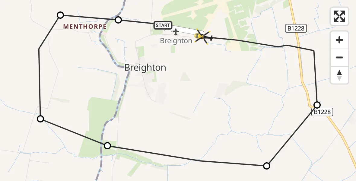 Flight path map showing Police Helicopter route from Breighton Airfield to Breighton