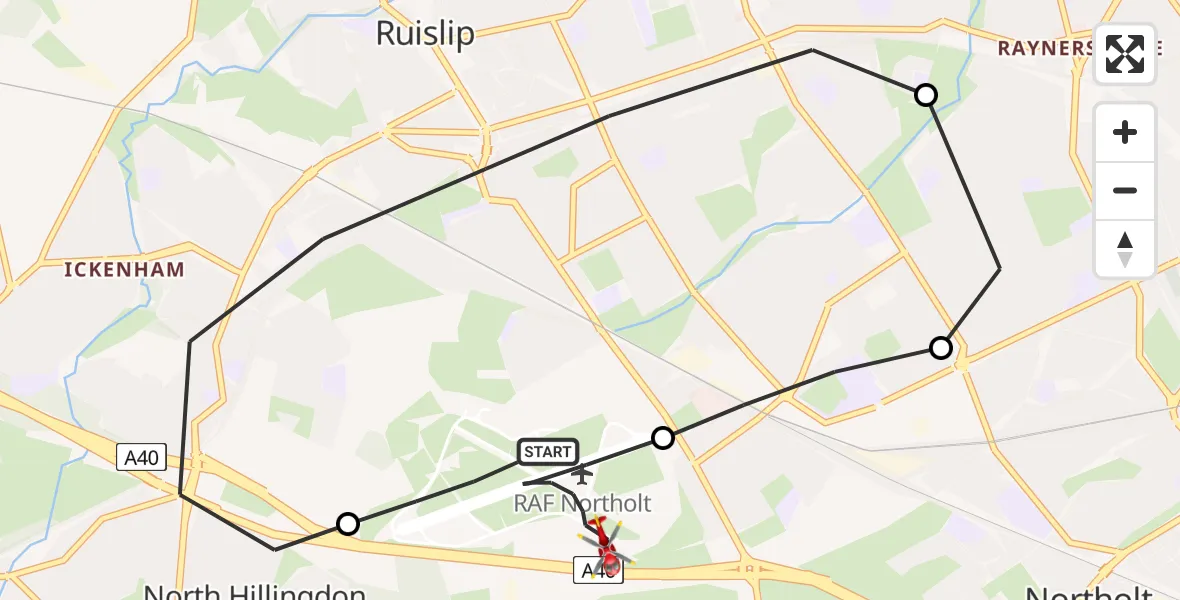 Flight path map showing Air Ambulance Helicopter route from RAF Northolt to RAF Northolt