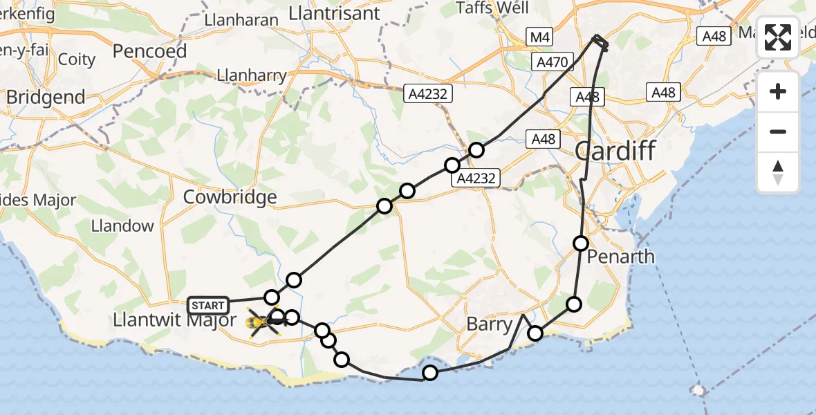 Flight path map showing Police Helicopter route from Llanmaes to MOD St Athan