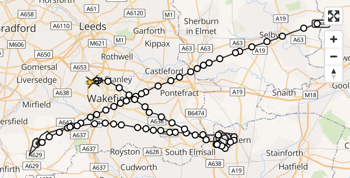 Flight path map showing Police Helicopter route from Breighton to East Ardsley