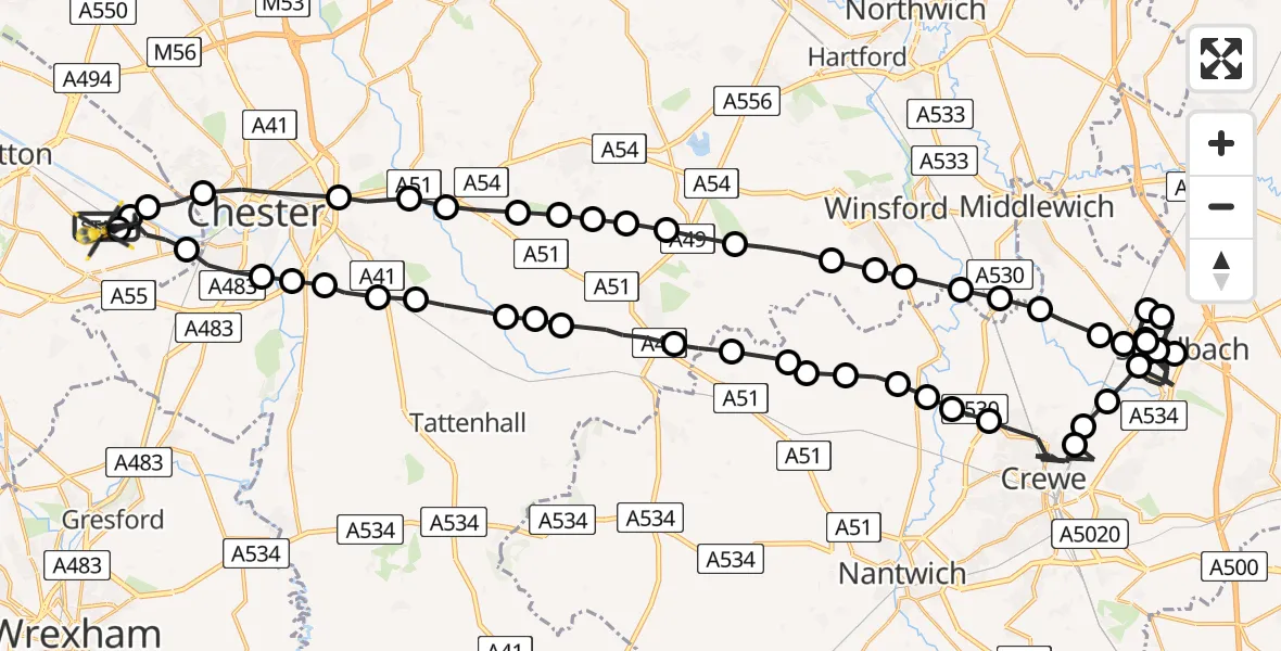 Flight path map showing Police Helicopter route from Hawarden Airport to Hawarden Airport