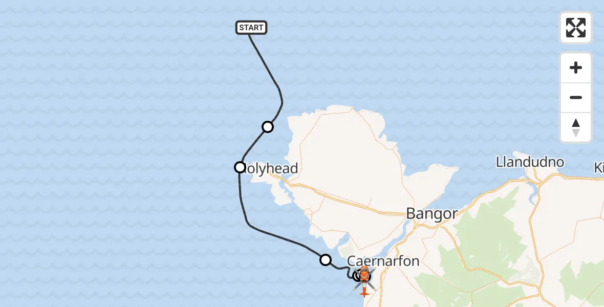 Flight path map showing Coastguard Helicopter route from Irish Sea to Caernarfon Airport