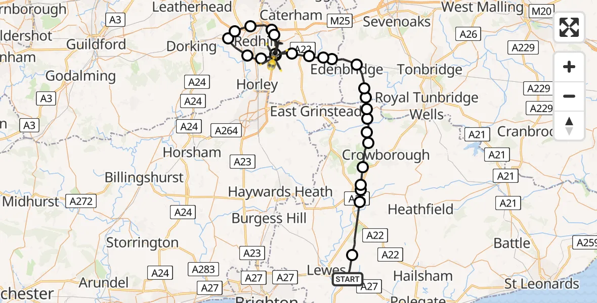 Flight path map showing Police Helicopter route from Glynde to South Nutfield