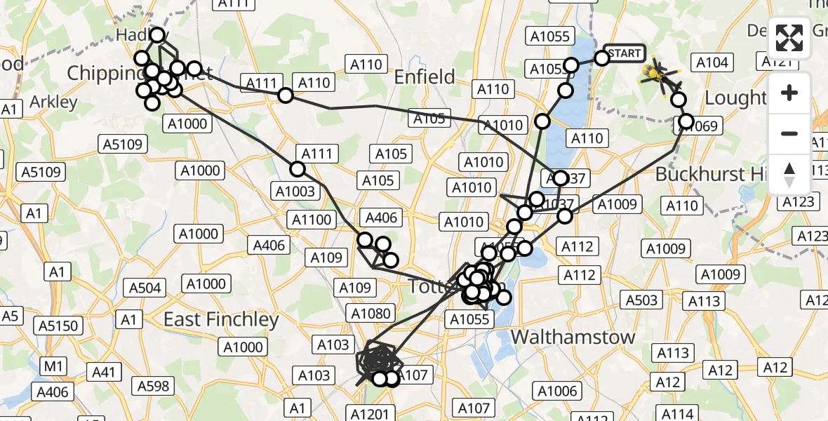 Flight path map showing Police Helicopter route from Sewardstonebury to Sewardstonebury