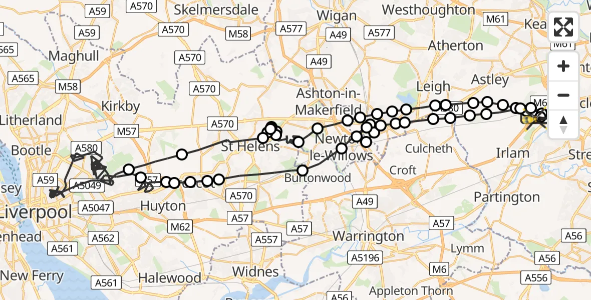 Flight path map showing Police Helicopter route from Manchester Barton Aerodrome to Manchester Barton Aerodrome