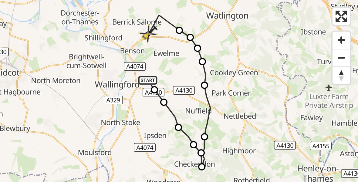 Flight path map showing Police Helicopter route from Benson to Ewelme