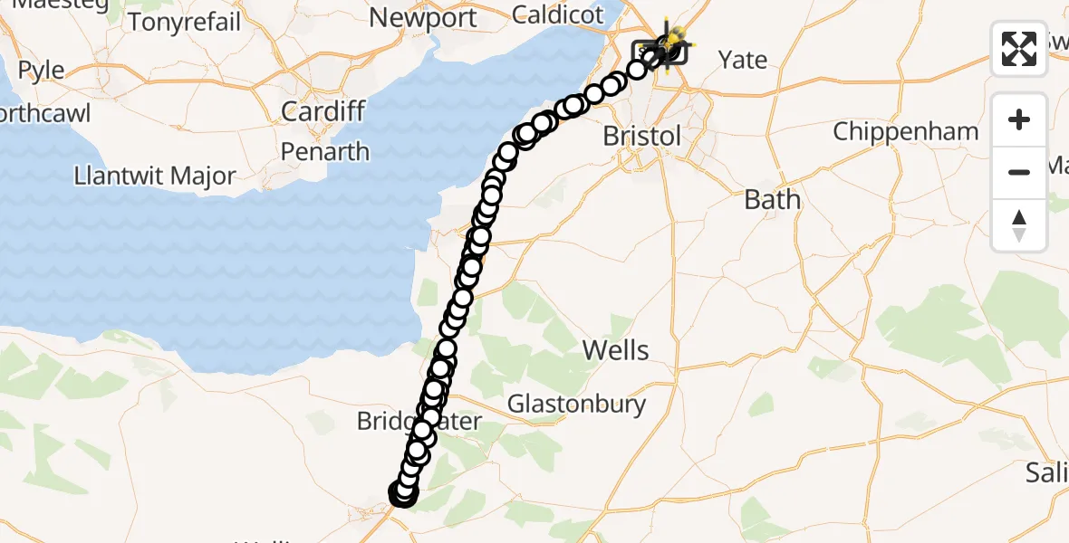 Flight path map showing Police Helicopter route from Almondsbury Helicopter Base to Almondsbury Helicopter Base