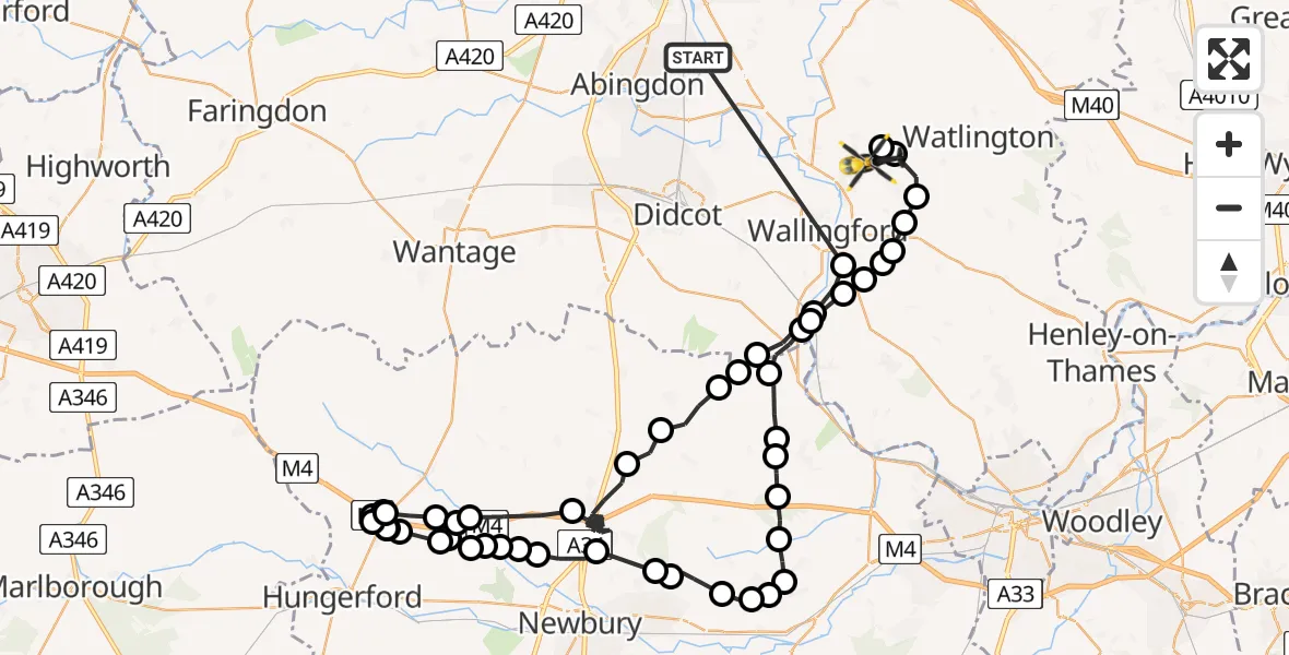 Flight path map showing Police Helicopter route from Radley to Ewelme