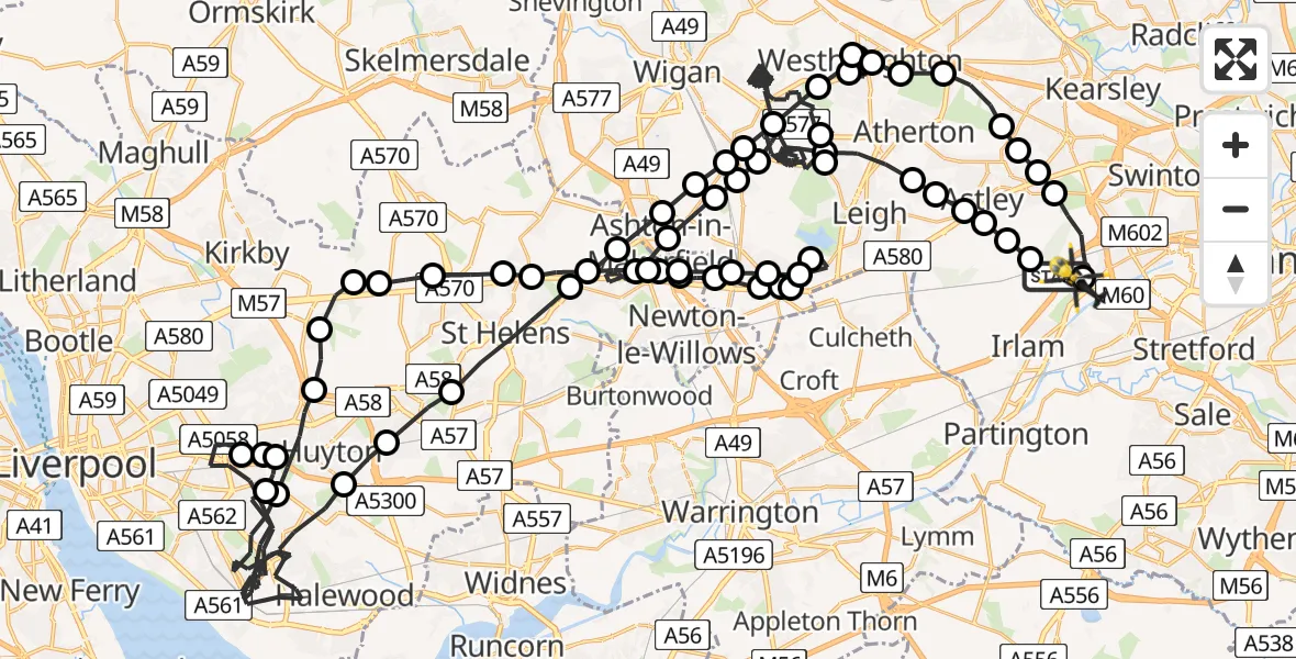 Flight path map showing Police Helicopter route from Irlam to Manchester Barton Aerodrome