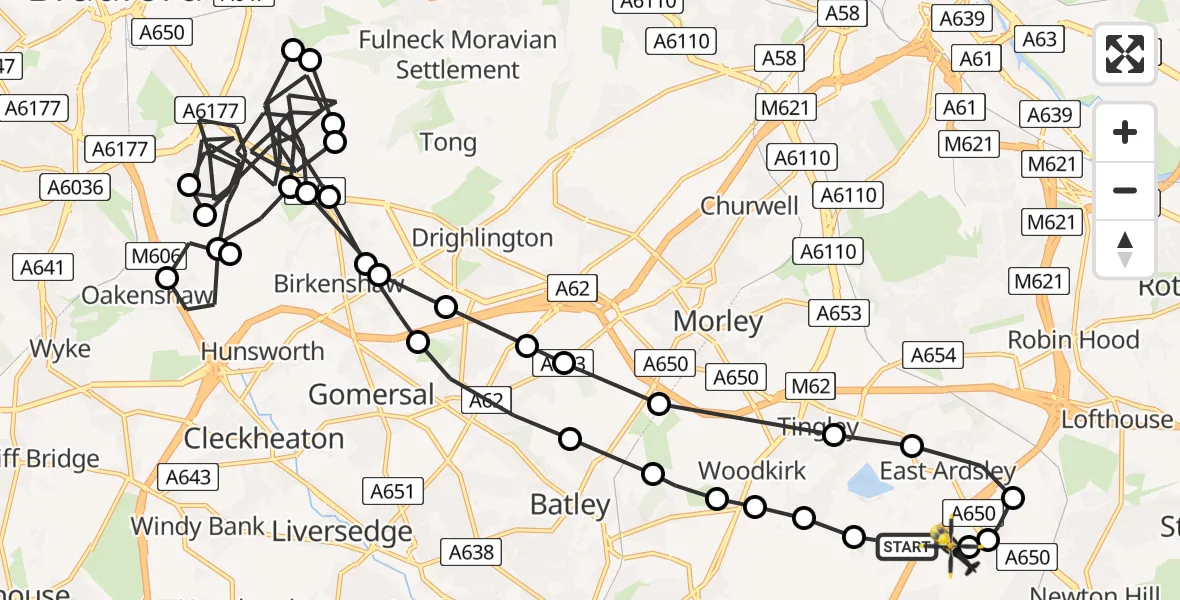 Flight path map showing Police Helicopter route from East Ardsley to East Ardsley