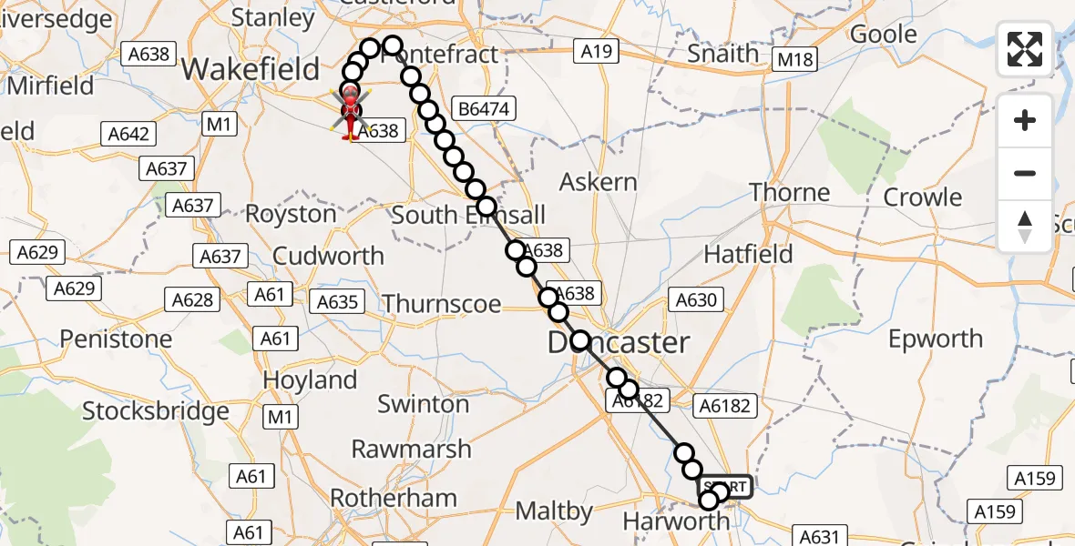 Flight path map showing Air Ambulance Helicopter route from Bawtry to YAA Nostell Helicopter Port