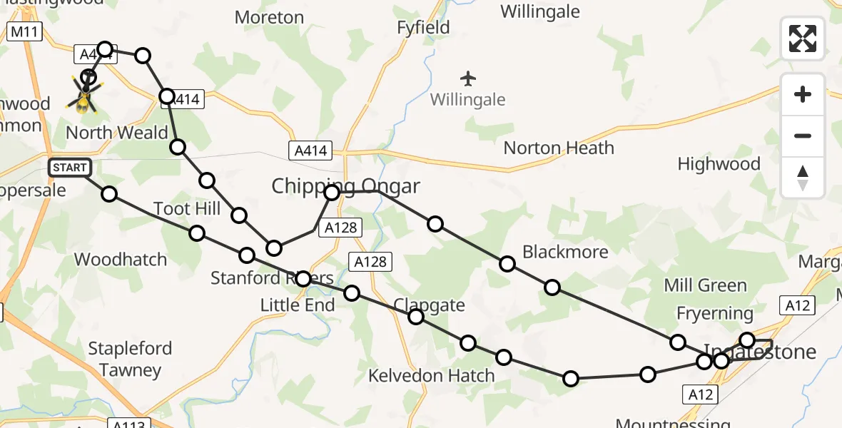 Flight path map showing Police Helicopter route from North Weald Airfield to North Weald Airfield