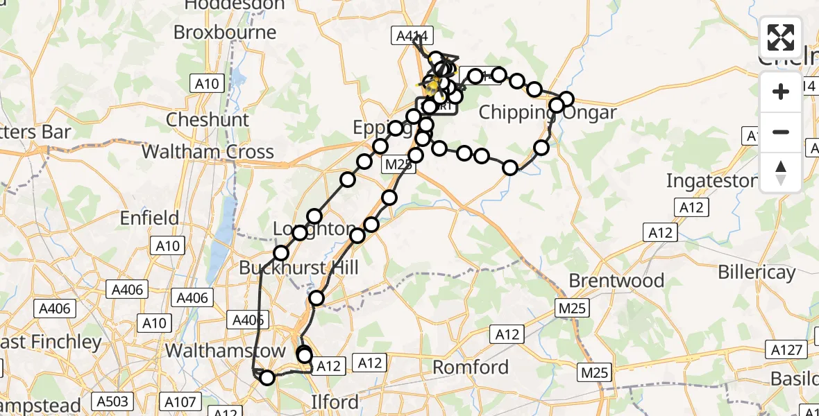 Flight path map showing Police Helicopter route from North Weald Airfield to North Weald Airfield