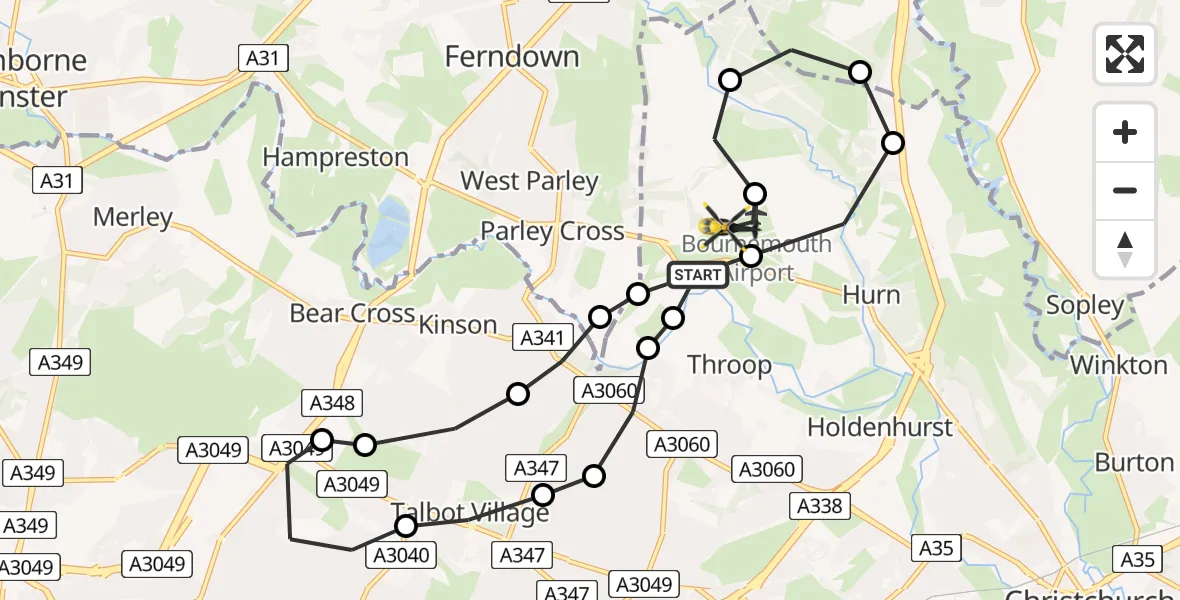 Flight path map showing Police Helicopter route from Bournemouth Airport to Bournemouth Airport