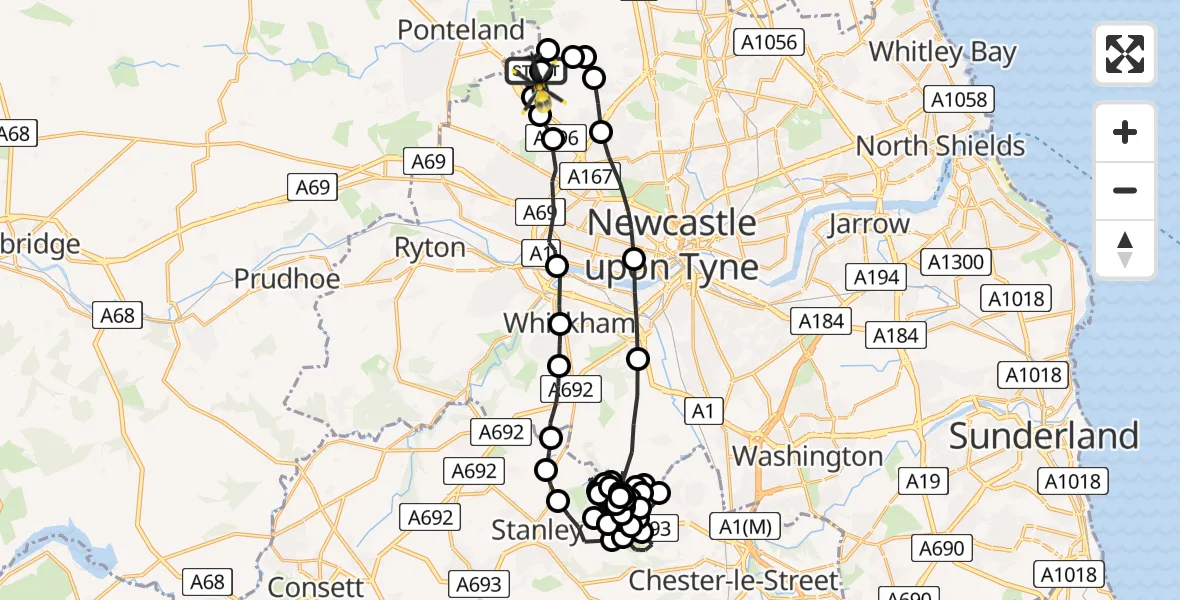 Flight path map showing Police Helicopter route from Newcastle International Airport to Newcastle upon Tyne