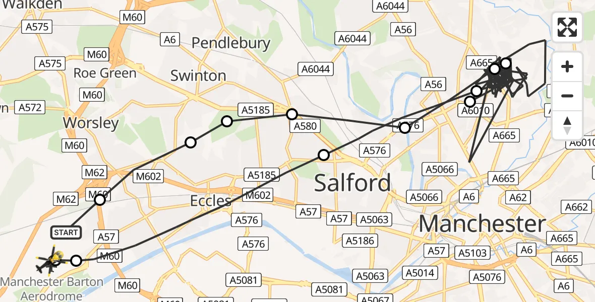 Flight path map showing Police Helicopter route from Manchester Barton Aerodrome to Manchester Barton Aerodrome