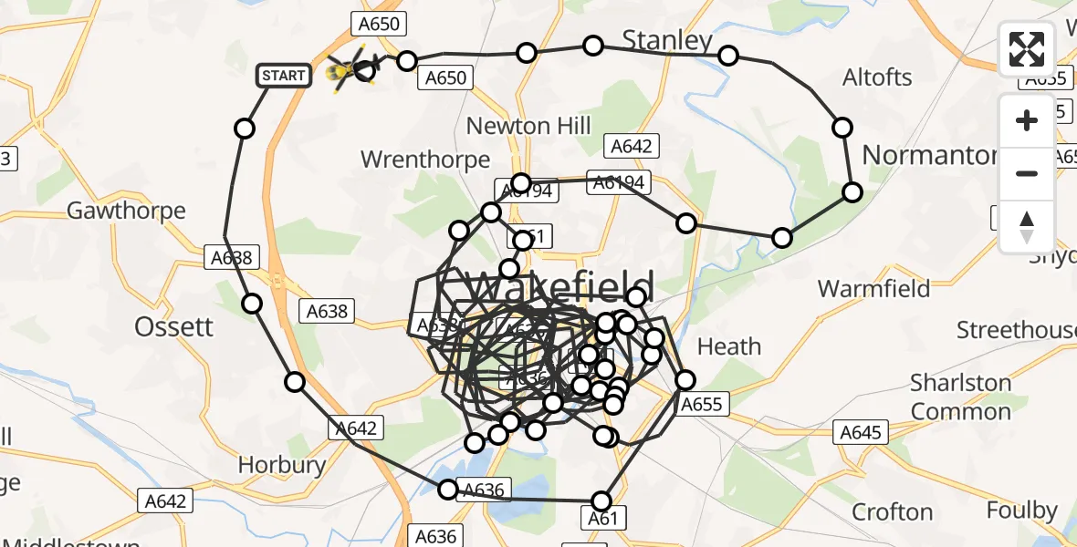 Flight path map showing Police Helicopter route from East Ardsley to East Ardsley