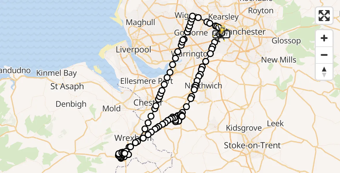 Flight path map showing Police Helicopter route from Manchester Barton Aerodrome to Irlam