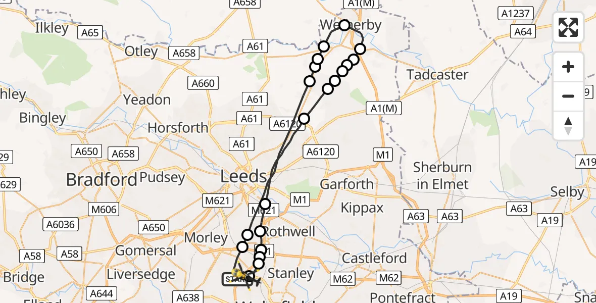 Flight path map showing Police Helicopter route from East Ardsley to East Ardsley