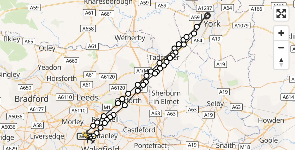 Flight path map showing Police Helicopter route from East Ardsley to East Ardsley