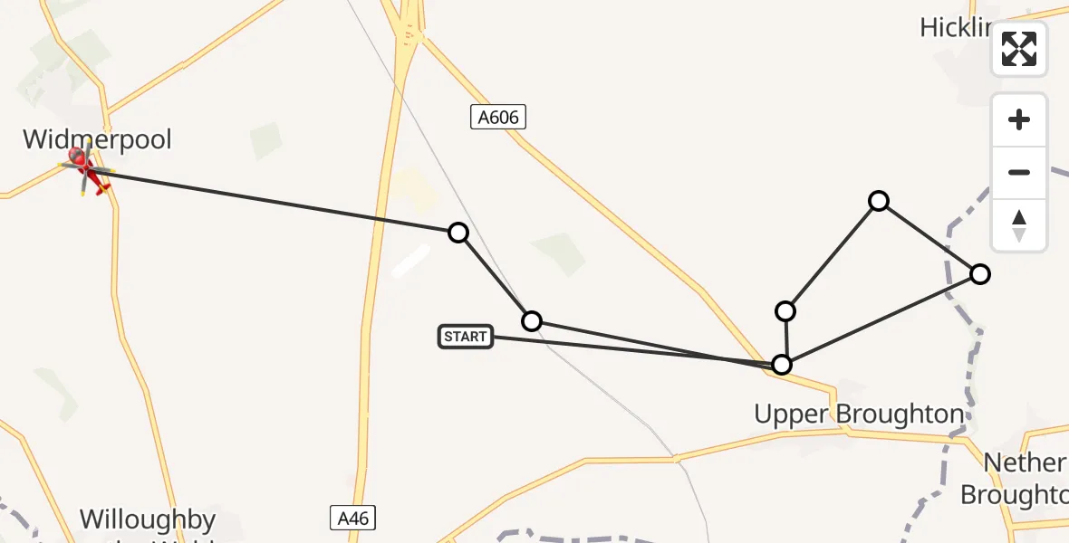 Flight path map showing Air Ambulance Helicopter route from Rushcliffe to Widmerpool