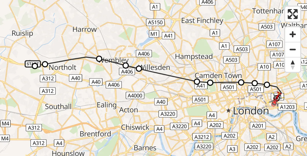 Flight path map showing Air Ambulance Helicopter route from RAF Northolt to Royal London Hospital