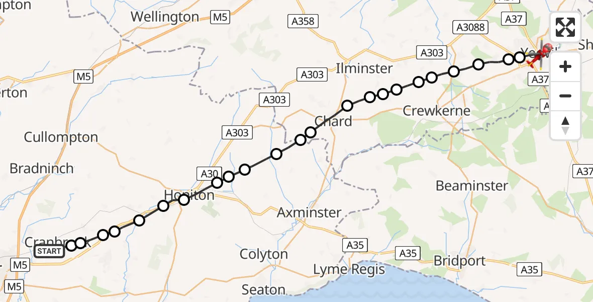 Flight path map showing Air Ambulance Helicopter route from Clyst Honiton to Yeovil