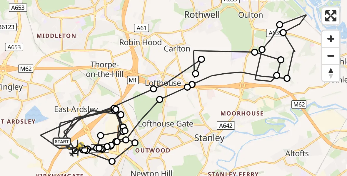 Flight path map showing Police Helicopter route from East Ardsley to East Ardsley