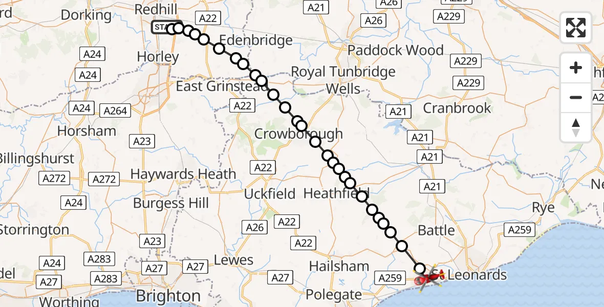 Flight path map showing Air Ambulance Helicopter route from Redhill Aerodrome to Bexhill-on-Sea