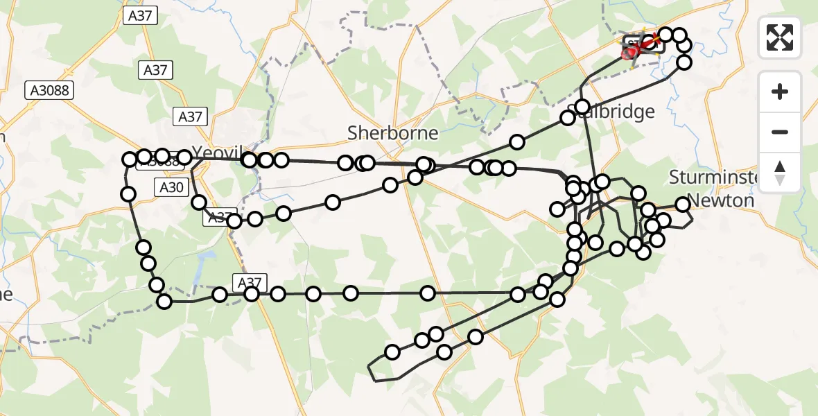 Flight path map showing Air Ambulance Helicopter route from Henstridge Airfield to Henstridge Airfield