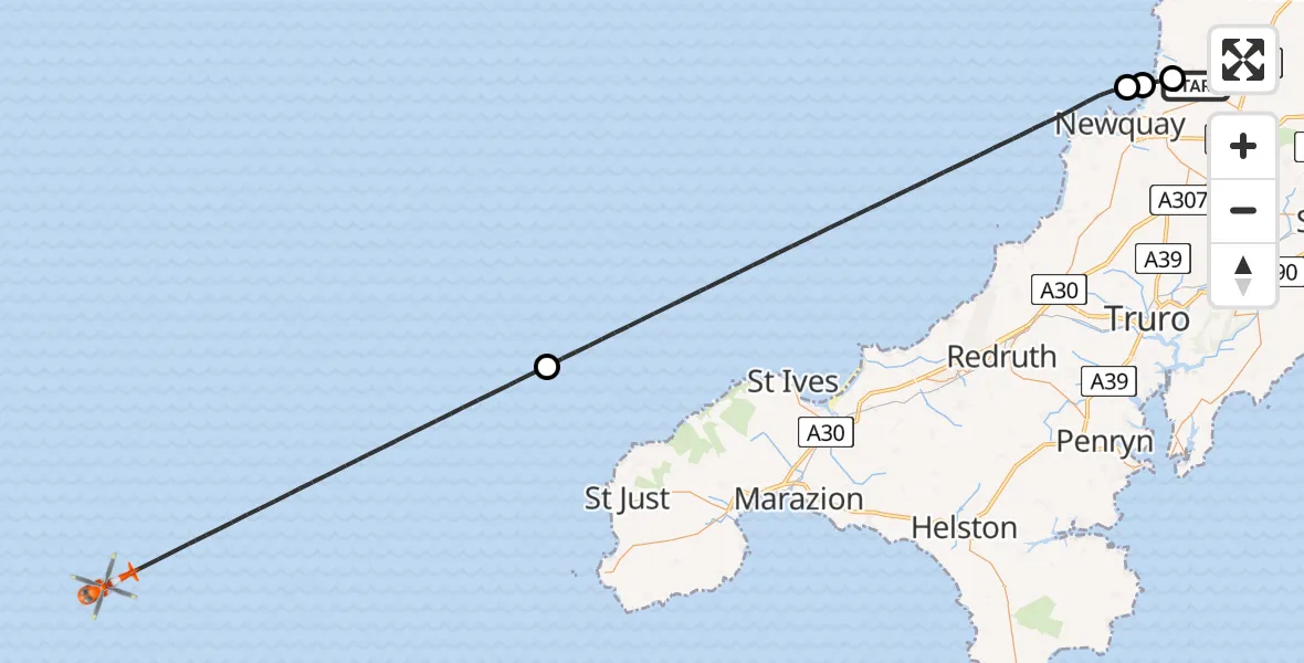 Flight path map showing Coastguard Helicopter route from Cornwall Airport Newquay to North Atlantic Ocean