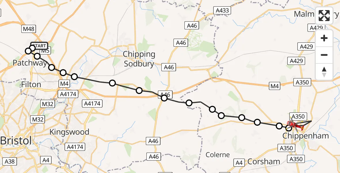 Flight path map showing Air Ambulance Helicopter route from Almondsbury Helicopter Base to Chippenham