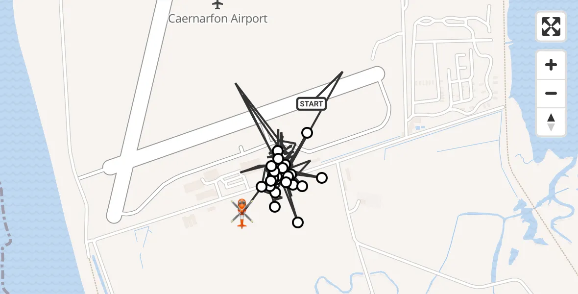 Flight path map showing Coastguard Helicopter route from Caernarfon Airport to Dinas Dinlle