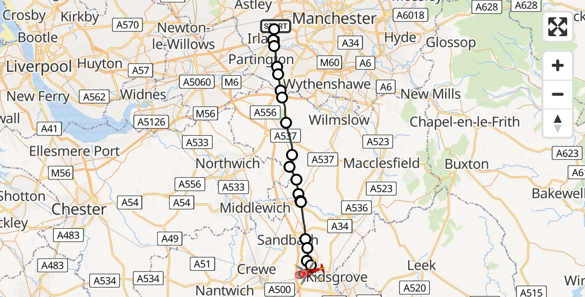 Flight path map showing Air Ambulance Helicopter route from Manchester Barton Aerodrome to Alsager