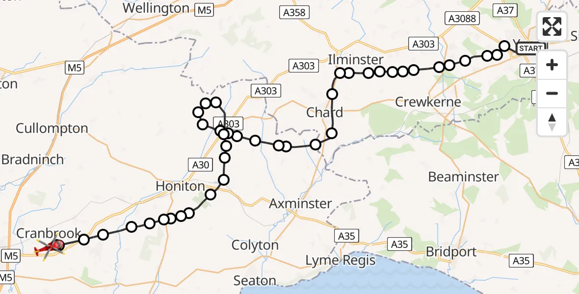 Flight path map showing Air Ambulance Helicopter route from Yeovil to Exeter International Airport