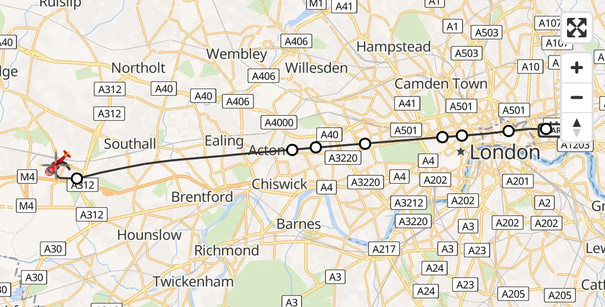 Flight path map showing Air Ambulance Helicopter route from Royal London Hospital to London Borough of Hillingdon