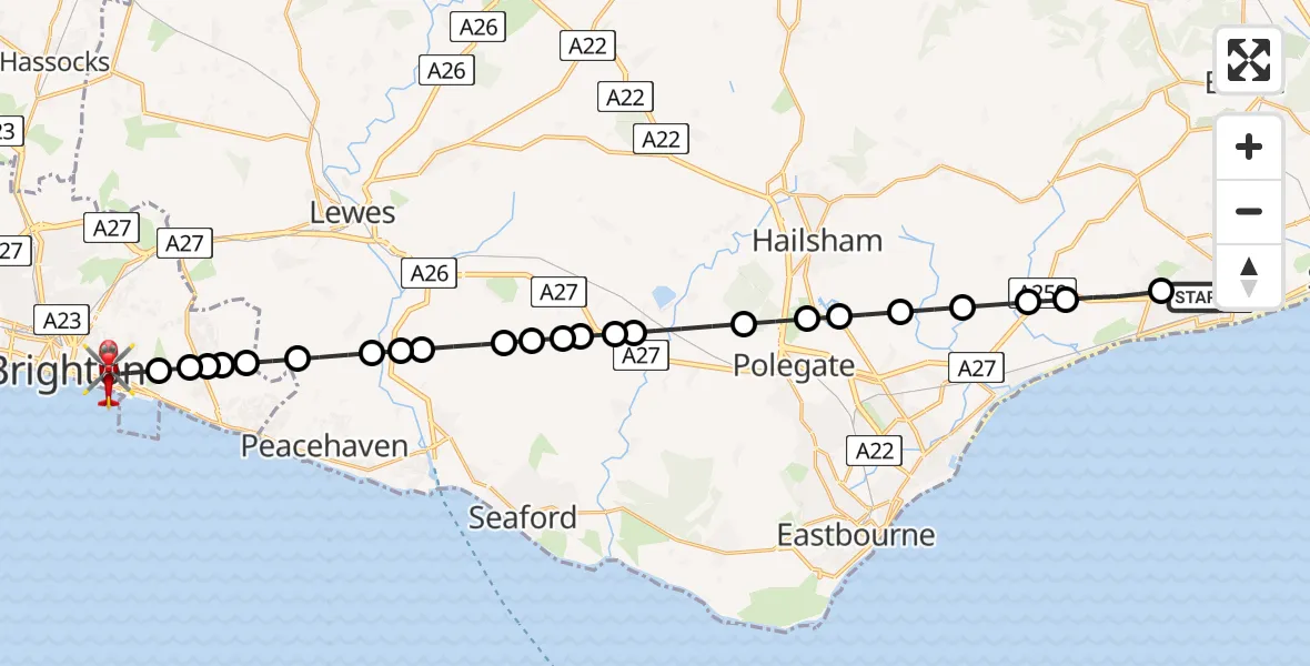 Flight path map showing Air Ambulance Helicopter route from Bexhill-on-Sea to Brighton