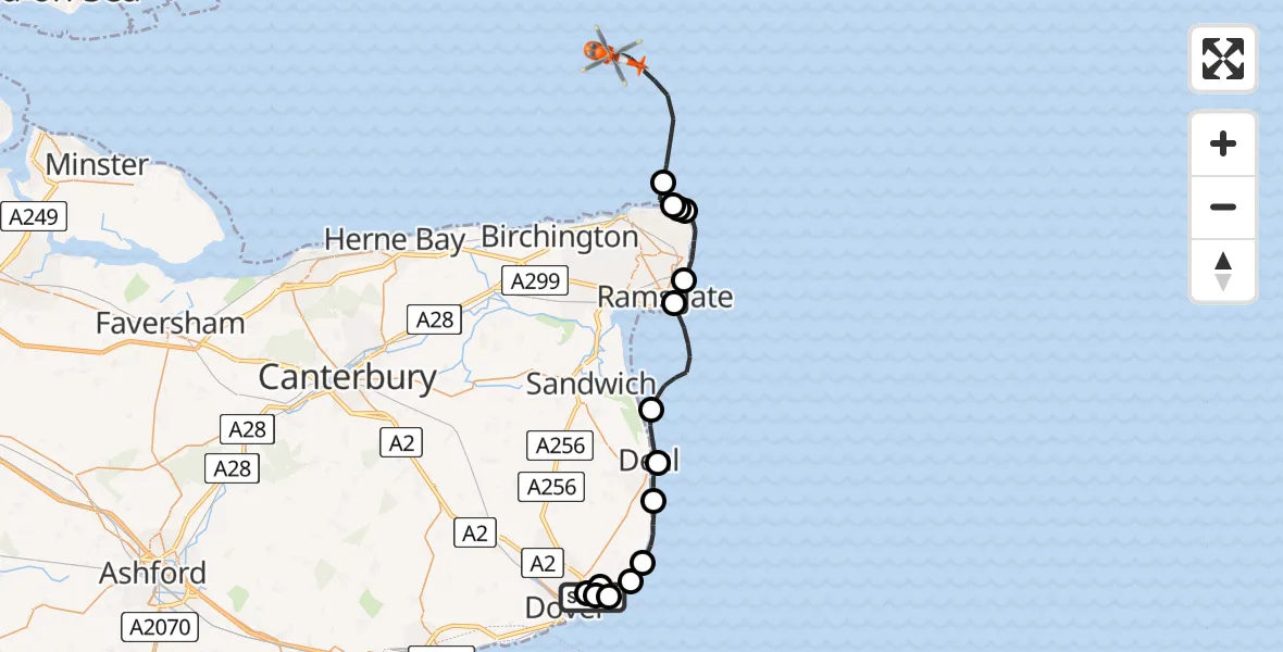 Flight path map showing Coastguard Helicopter route from Langdon Battery Heliport to North Sea