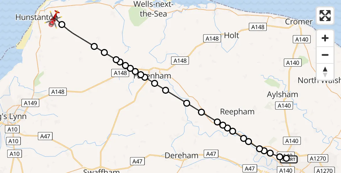 Flight path map showing Air Ambulance Helicopter route from Norwich Airport to Ringstead