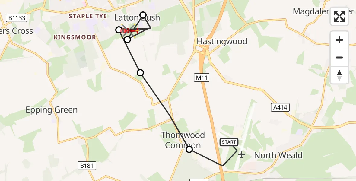Flight path map showing Air Ambulance Helicopter route from North Weald Airfield to Latton Bush