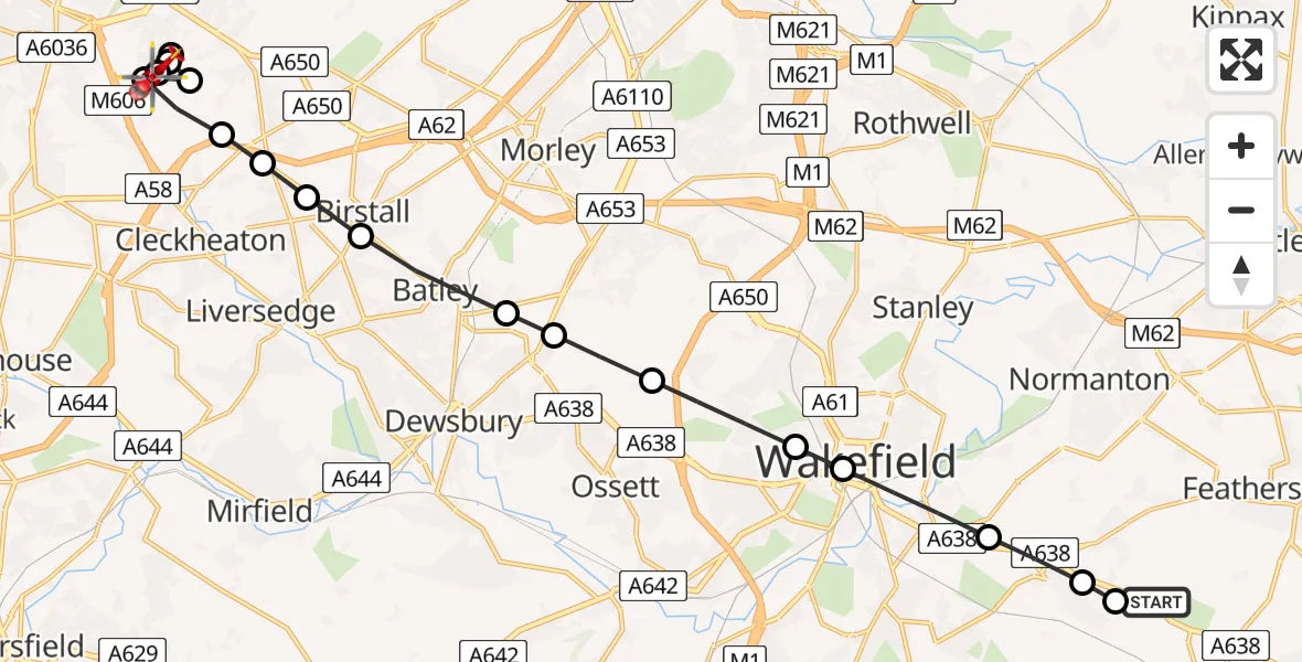 Flight path map showing Air Ambulance Helicopter route from YAA Nostell Helicopter Port to Oakenshaw