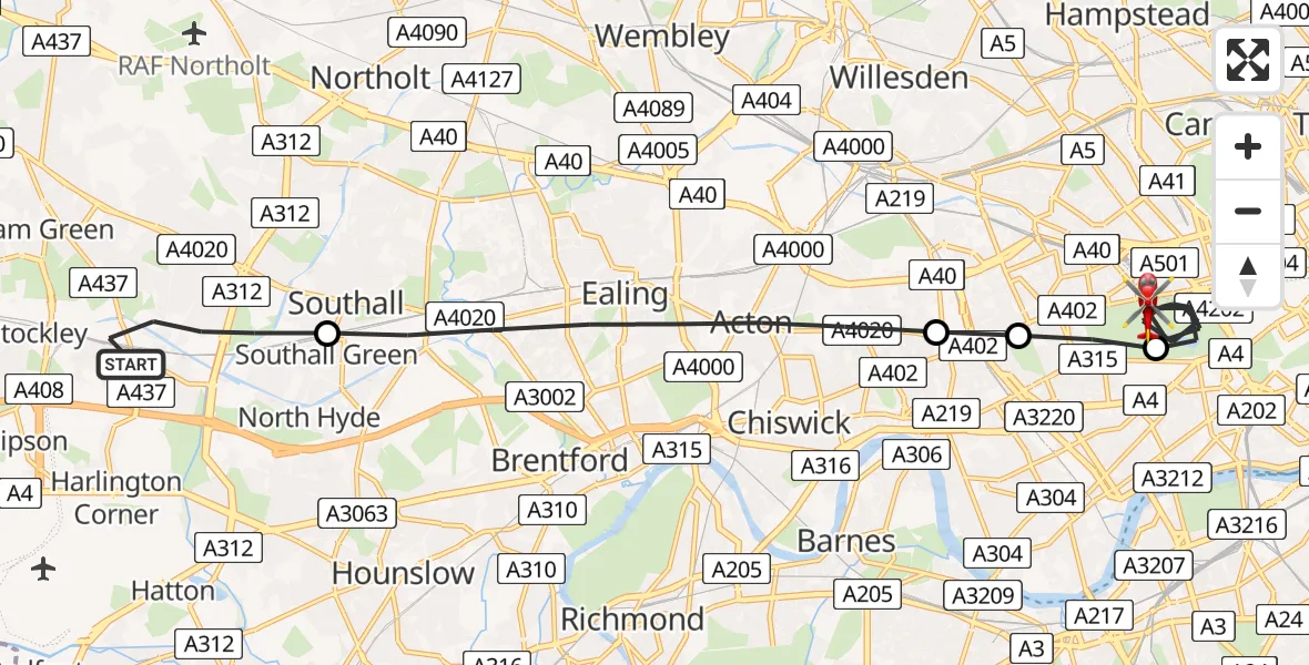 Flight path map showing Air Ambulance Helicopter route from London Borough of Hillingdon to City of Westminster